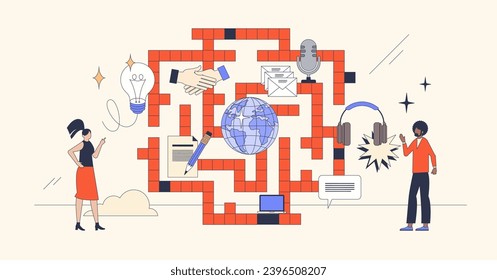 Herausforderungen und Komplexität der Geschäftskommunikation retro winzige Person Konzept. Vereinbarung oder Abschluss von Verträgen mit Kunden Diskussion Labyrinth Vektorgrafik. Konversation und Arbeitsmanagement.