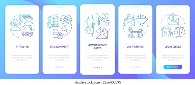 Challenges of direct marketing blue gradient onboarding mobile app screen. Walkthrough 5 steps graphic instructions with linear concepts. UI, UX, GUI template. Myriad Pro-Bold, Regular fonts used