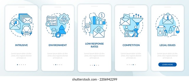 Challenges of direct marketing blue onboarding mobile app screen. Walkthrough 5 steps editable graphic instructions with linear concepts. UI, UX, GUI template. Myriad Pro-Bold, Regular fonts used