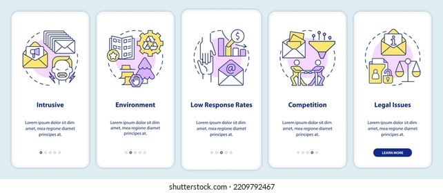 Challenges of direct marketing onboarding mobile app screen. Walkthrough 5 steps editable graphic instructions with linear concepts. UI, UX, GUI template. Myriad Pro-Bold, Regular fonts used