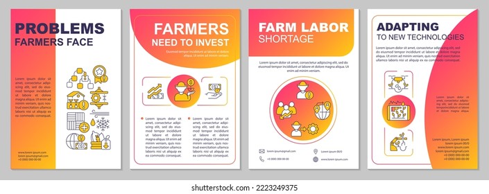 Desafíos que enfrentan los agricultores con la plantilla de folletos de degradado rojo. Cuestiones de agricultura. Diseño del prospecto con iconos lineales. 4 diseños vectoriales para presentación, informes anuales. Fuentes ariales, infinitas Pro-regulares usadas
