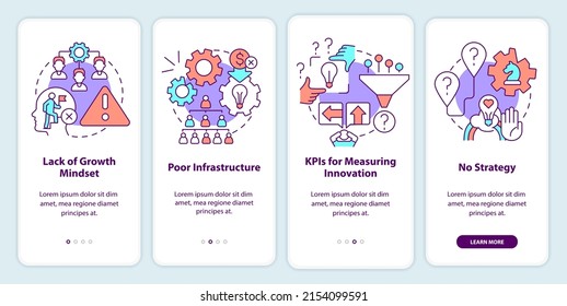 Challenges in innovation management onboarding mobile app screen. Walkthrough 4 steps graphic instructions pages with linear concepts. UI, UX, GUI template. Myriad Pro-Bold, Regular fonts used