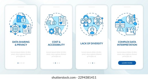 Desafíos y limitaciones de la pantalla azul de aplicación móvil a bordo. Recorrido genético 4 pasos instrucciones gráficas editables con conceptos lineales. UI, UX, plantilla GUI. Multitud de tipos de letra Pro-Bold, con uso regular