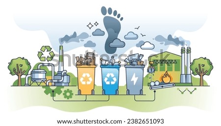 Challenges of modern waste management and trash separation outline concept. Burning garbage after recycling with CO2 pollution footprint vector illustration. Industrial disposal debris processing.