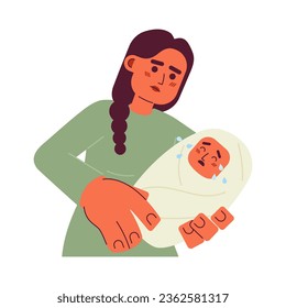 Challenges of motherhood flat concept vector spot illustration. Baby crying on mother hands 2D cartoon characters on white for web UI design. Parenting isolated editable creative hero image