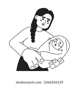 Challenges of motherhood monochrome concept vector spot illustration. Baby crying on mother hands 2D flat bw cartoon characters for web UI design. Parenting isolated editable hand drawn hero image