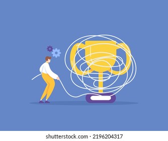 challenges and obstacles to success and win. solve or resolve problems. effort and ambition. a businessman tries to untie the rope tied to a trophy. illustration concept design. graphic elements