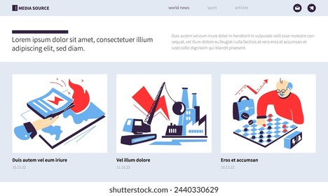 Challenges and Strategic Solutions - colorful flat design style banner with linear elements. Composition with chessboard and player, demolition excavator, factory, breaking news in the newspaper