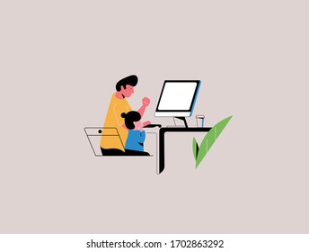 Challenges of working from home with kids. Vector illustration.
