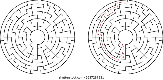 A challenging black and white circular maze with the path to solution highlighted