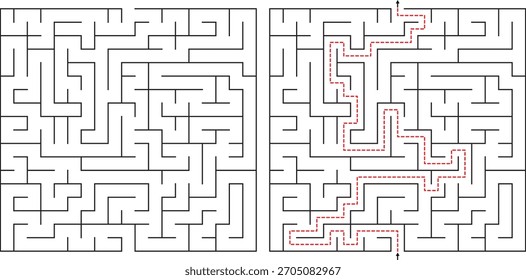 Un laberinto desafiante en blanco y negro con un camino de solución marcado en rojo en el lado derecho.
