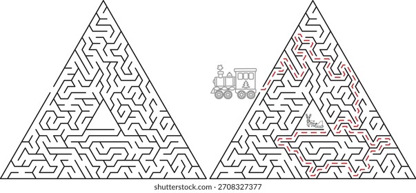 Ein herausforderndes schwarz-weißes Labyrinth mit einem klar rot markierten Lösungspfad, das einen visuellen Leitfaden für seine Lösung bietet.