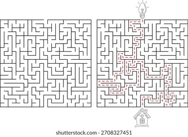 Un laberinto desafiante en blanco y negro con un camino de solución claramente marcado en rojo, que ofrece una guía visual para resolverlo.