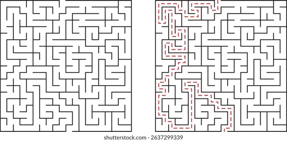 Challenging black and white maze with solved path highlighting the correct route