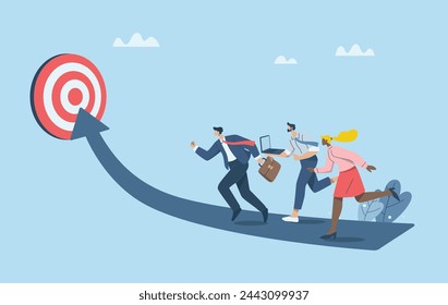 Challenging the business growth of careers and organizations. The path towards reaching or achieving business goals, Business team running towards the goal to achieve success. Vector illustration.