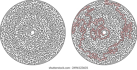 Challenging complex puzzle circle labyrinth with solution as a game