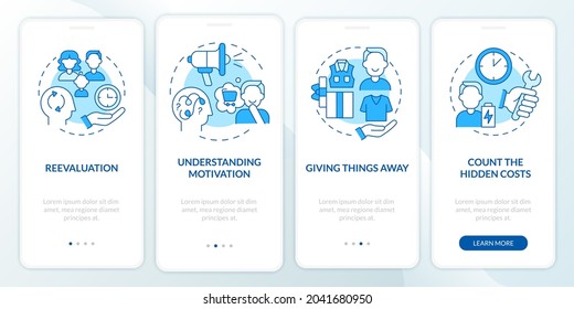 Challenging consumerism blue onboarding mobile app page screen. Excessive buying walkthrough 4 steps graphic instructions with concepts. UI, UX, GUI vector template with linear color illustrations