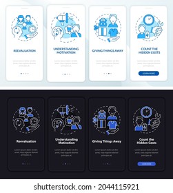 Challenging consumerism dark, light onboarding mobile app page screen. Walkthrough 4 steps graphic instructions with concepts. UI, UX, GUI vector template with linear night and day mode illustrations