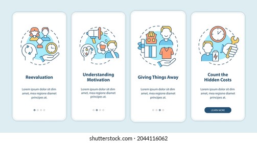 Challenging consumerism onboarding mobile app page screen. Stop excessive buying walkthrough 4 steps graphic instructions with concepts. UI, UX, GUI vector template with linear color illustrations