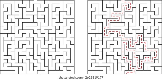 Challenging maze puzzle illustration with solution route demonstrated in red lines