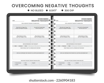 Desafiando pensamientos negativos, hoja de cálculo superando pensamientos negativos, planner o plantilla de diario de registro imprimible 
