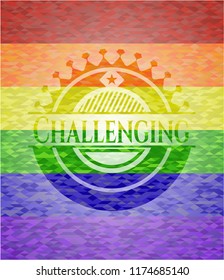 Challenging on mosaic background with the colors of the LGBT flag