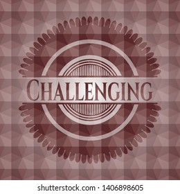 Challenging red emblem or badge with abstract geometric polygonal pattern background. Seamless.
