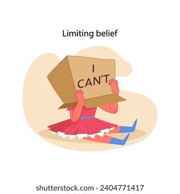 Challenging self-limiting beliefs concept. Overcoming mental barriers for growth. Visual metaphor for psychological constraints. Breaking the 'I can't' mindset. Flat vector illustration