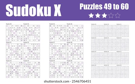 A challenging set of Sudoku X puzzles, grids 49-60, featuring diagonal gameplay for intermediate-level players. Complete with solutions for enhanced brain training