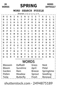 Challenging Spring Word Search Puzzle for Kids, Teens, and Adults 15x15 Grid Fun and Engaging Activity for All Ages to Enjoy Spring Themes and Vocabulary