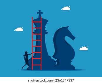 Challenging strategy. Businesswoman climbs stairs on chess pieces