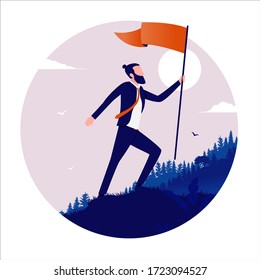 Challenging way to success. Modern man walking up hill with raised flag in hand. Work hard, overcome adversity and obstacles to be a winner concept. Vector illustration.