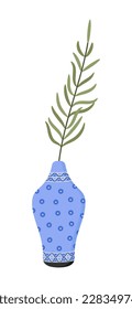 Chamaedorea elegans houseplant with clay pot with ornaments vector set. Plant growing in pot or planter. Beautiful natural home. Icon of city jungle.