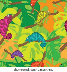 Chamaleon sitting on the branch and monstera tropic leaves. Seamless pattern. Vector illustration.