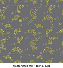 Chamaleon sitting on the branch. Seamless pattern. Vector illustration.