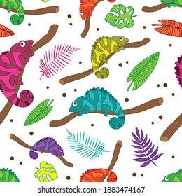 Chamaleon sitting on the branch and tropic leaves. Seamless pattern. Vector illustration.