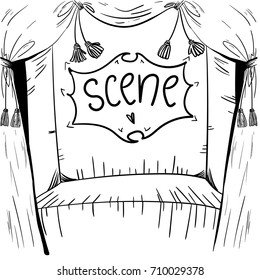 Chamber small scene for performances and objects isolated on white background. Vector illustration. Live line. Drawing by hand. Hand painted. Text place for your text.
