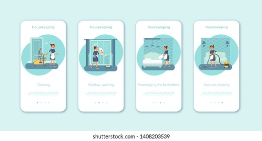 Chambermaid chores mobile app vector illustration set. Cheerful made in uniform cartoon character. woman in apron washing window, vacuuming, making bed. Hotel room cleaning service, housekeeping