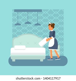 Chambermaid makes bed flat vector illustration  Young housekeeper in uniform holding pillow cartoon character  Maid occupation  housekeeping staff  Room cleaning service  Professional tidying