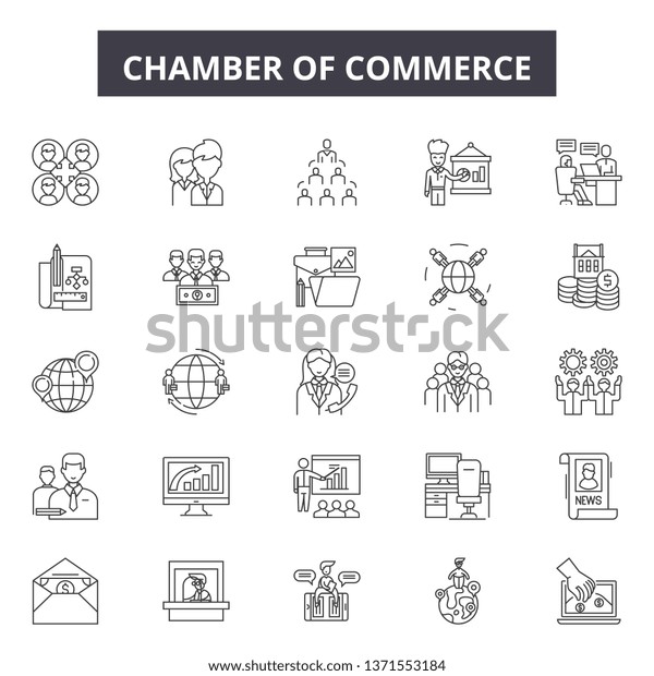 Chambers of commerce line icons, signs set,\
vector. Chambers of commerce outline concept, illustration:\
commerce,chamber,business,concept,chamber of commerce,deoffice\
design