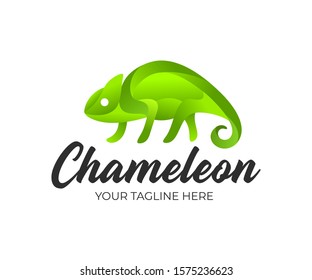 Chameleon and chameleon abstract in ribbon geometric style, logo design. Animal, colorful lizard and reptile, vector design and illustration