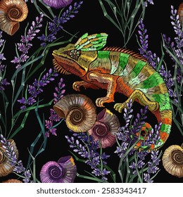 Chameleon, ammonite fossil and lavender flowers. Embroidery art. Template for clothes, print. Archeology and paleontology background. Ancient tropical forest, seamless pattern