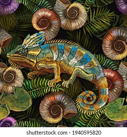 Chameleon, ammonite fossil and palm leaves. Ancient tropical forest, seamless pattern. Embroidery art. Template for clothes, print. Archeology and paleontology background 