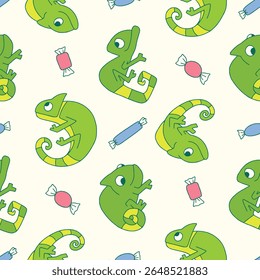 Camaleão animal doce padrão vetor ilustração sem costura para fundo papel de parede embalagem capa