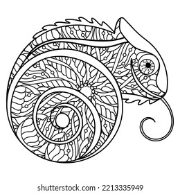 Chameleon. Antistress coloring page for Adult. Black and white hand drawn doodle illustration. Vector design, mandala style