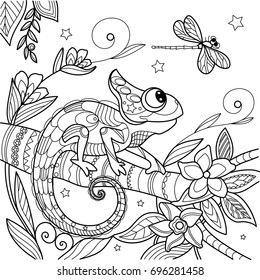 Chameleon antistress. Lizard on a branch. Dragonfly and stars. Vector illustration in zentangle style.