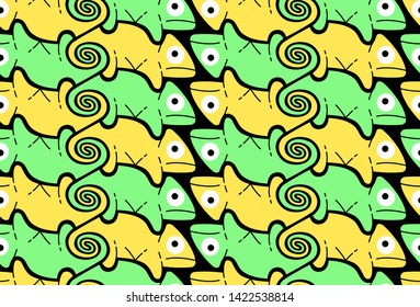 Chameleon, background in Escher style, seamless pattern vector illustration