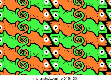 Chameleon, background in Escher style, seamless pattern vector illustration
