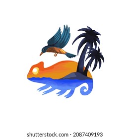 chameleon and beautiful summer bird illustration