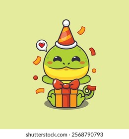 Chameleon in birthday party with gift box cartoon vector illustration. Vector cartoon Illustration suitable for poster, brochure, web, mascot, sticker, logo and icon.